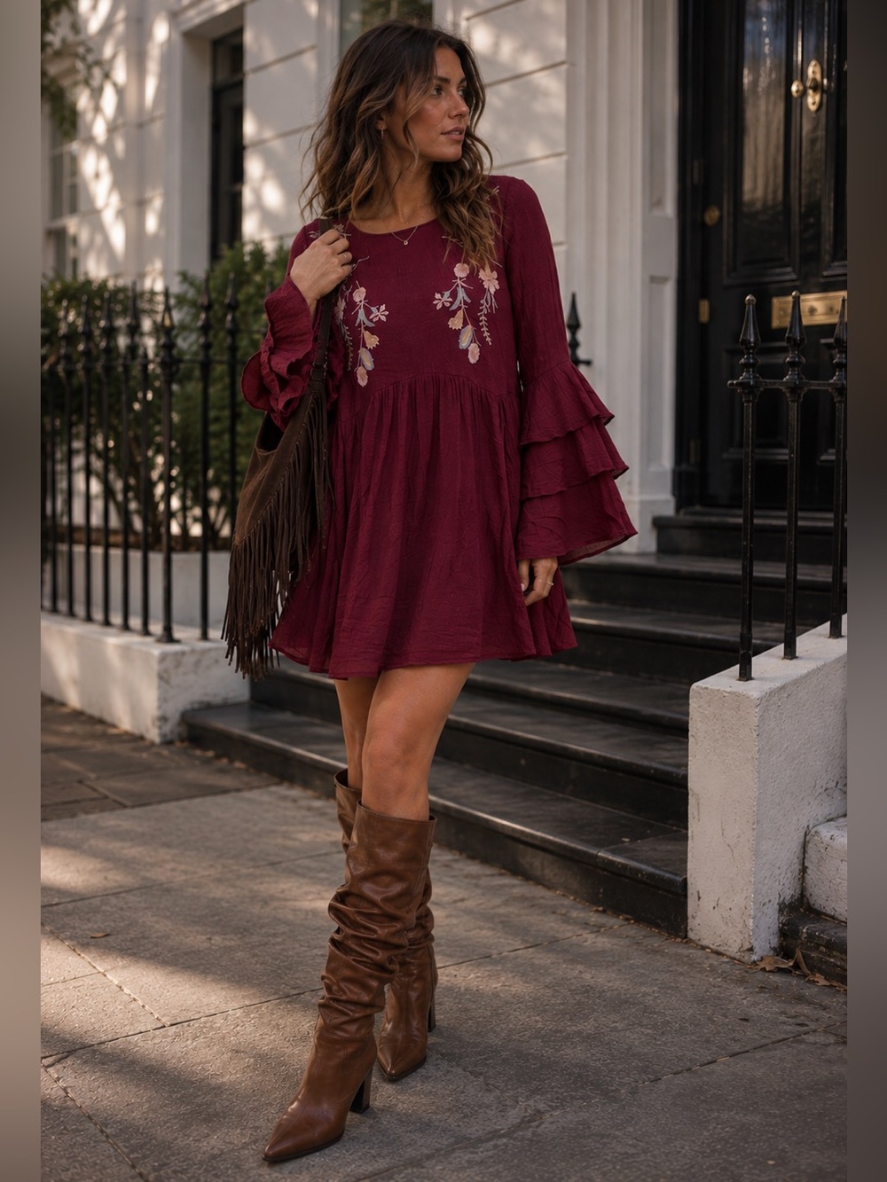 Umgee Burgundy Embroidered Babydoll Mini Dress Ruffle Bell Sleeve Large